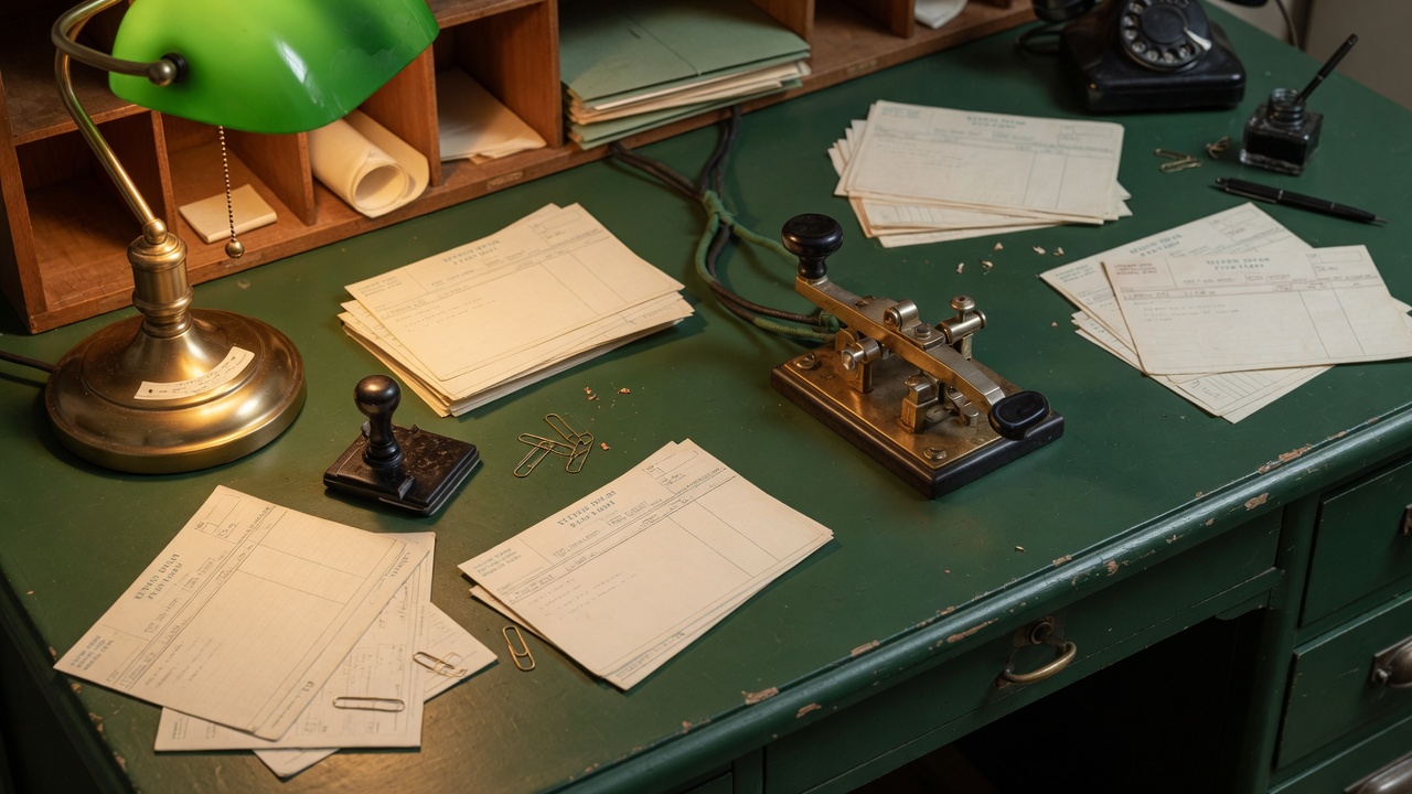 Brass telegraph key and cream cables on a forest green baize desk under a banker's lamp